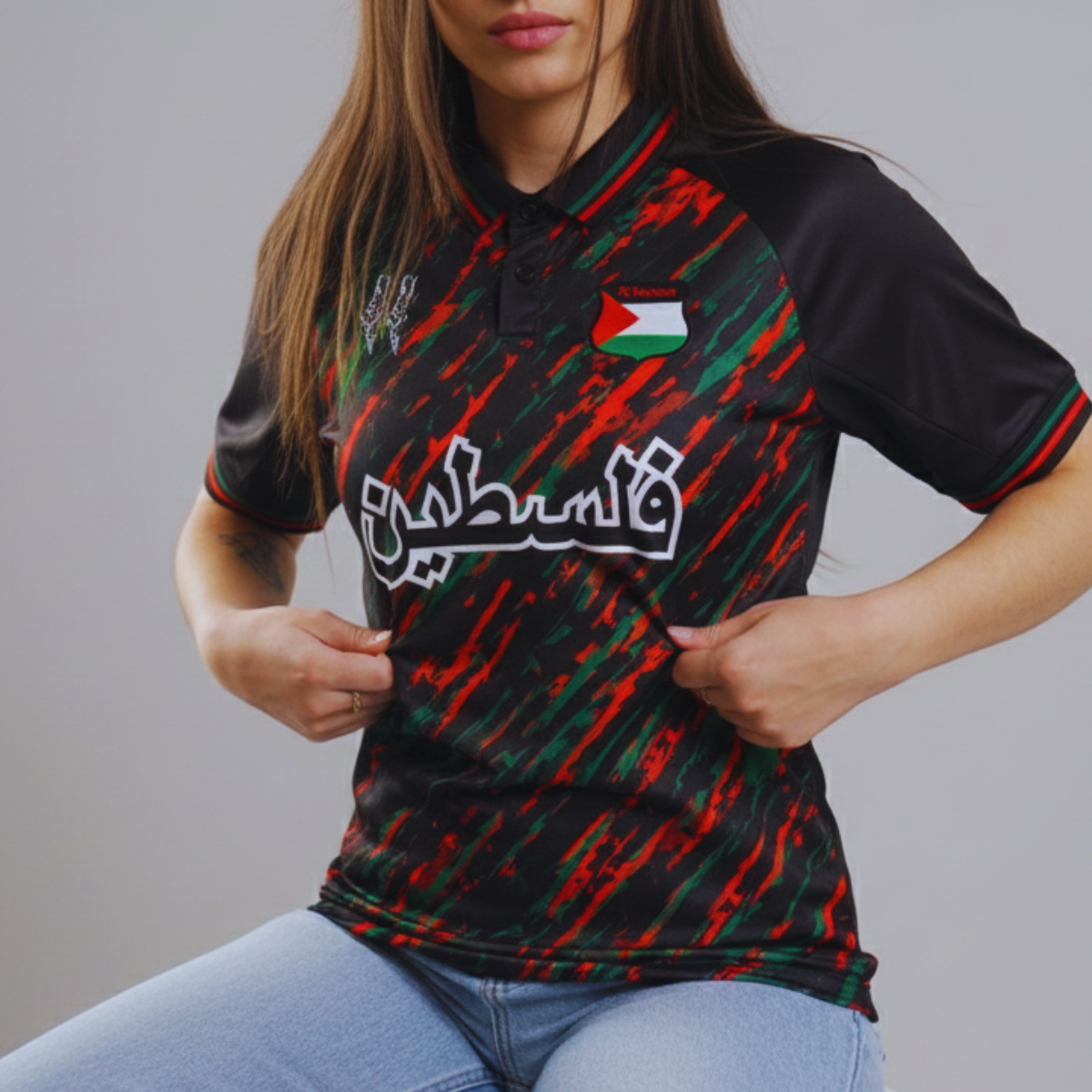 Camiseta de futebol Palelstina decorada com respingos de tinta - Loja Al Baraka